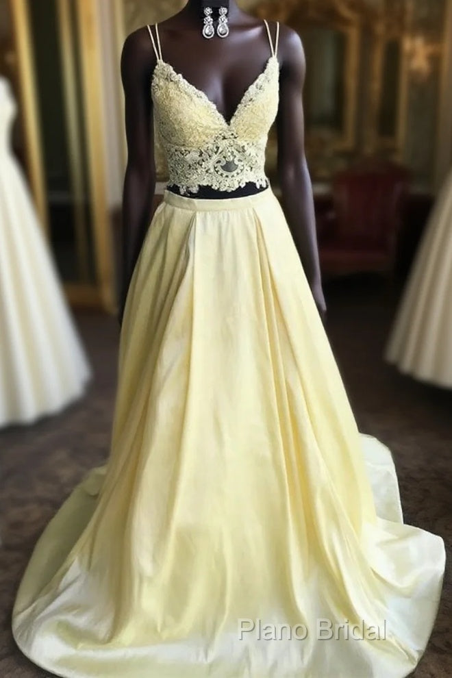 Lace Top Long Satin V Neck Two Pieces Yellow Formal Prom Dresses Main image
