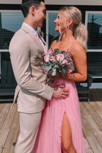 Lace Up Back Pink A-Line Empire-Waist Lace Appliques Long Formal Prom Dresses