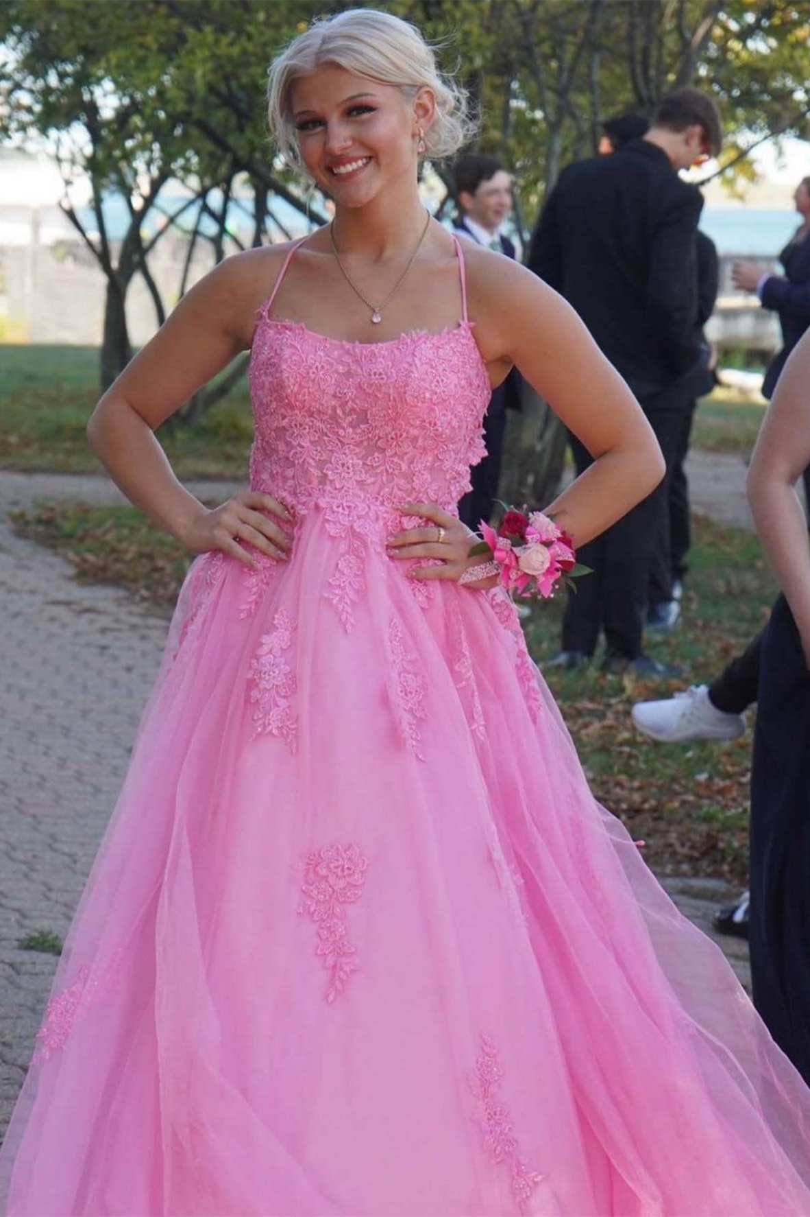 Lace Up Back Pink A-Line Empire-Waist Lace Appliques Long Formal Prom Dresses