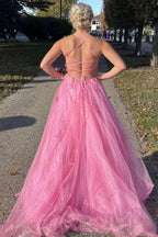 Lace Up Back Pink A-Line Empire-Waist Lace Appliques Long Formal Prom Dresses