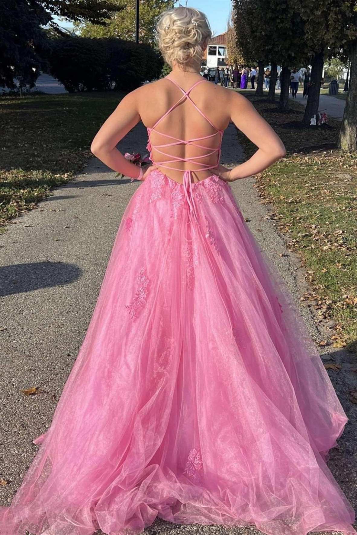 Lace Up Back Pink A-Line Empire-Waist Lace Appliques Long Formal Prom Dresses