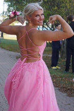 Lace Up Back Pink A-Line Empire-Waist Lace Appliques Long Formal Prom Dresses