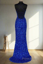 Lace-Up High Slit Royal Blue Glitters Long Party Dresses