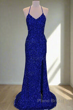 Lace-Up High Slit Royal Blue Glitters Long Party Dresses