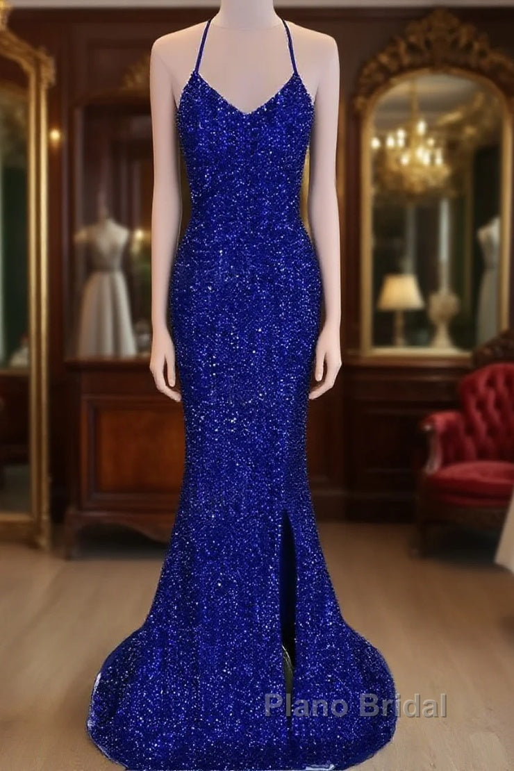 Lace-Up High Slit Royal Blue Glitters Long Party Dresses Main image