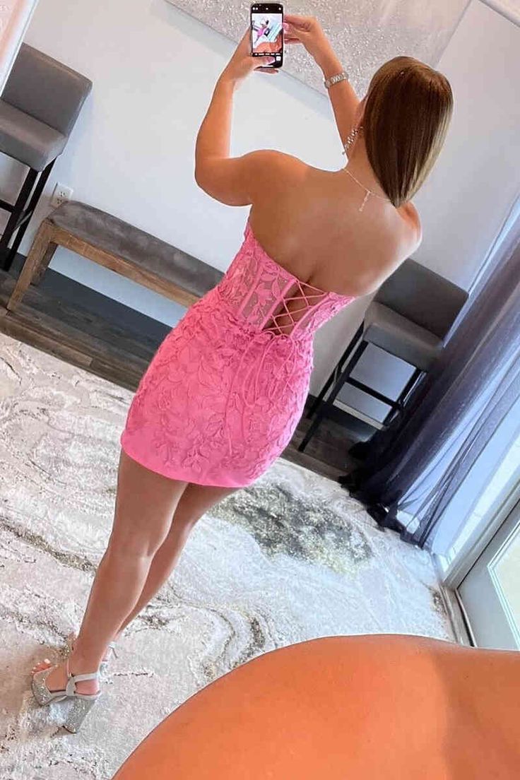 Lace-Up Hot Pink Corset Appliqued Bodycon Homecoming Dresses Secondary image