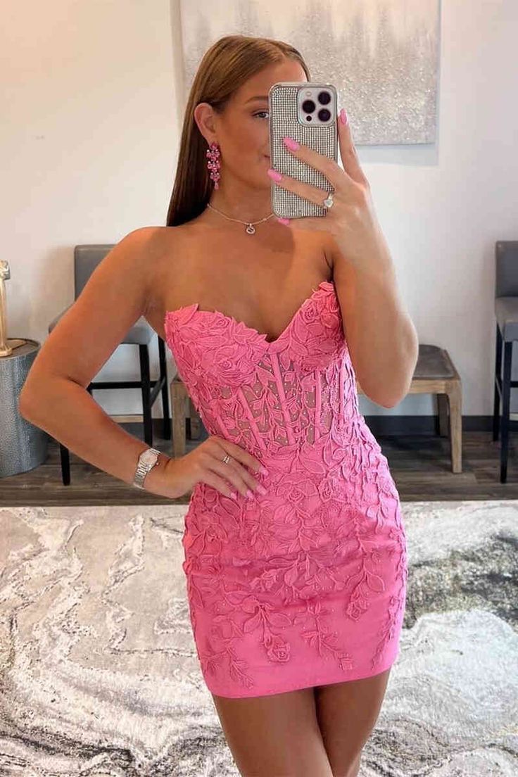 Lace-Up Hot Pink Corset Appliqued Bodycon Homecoming Dresses