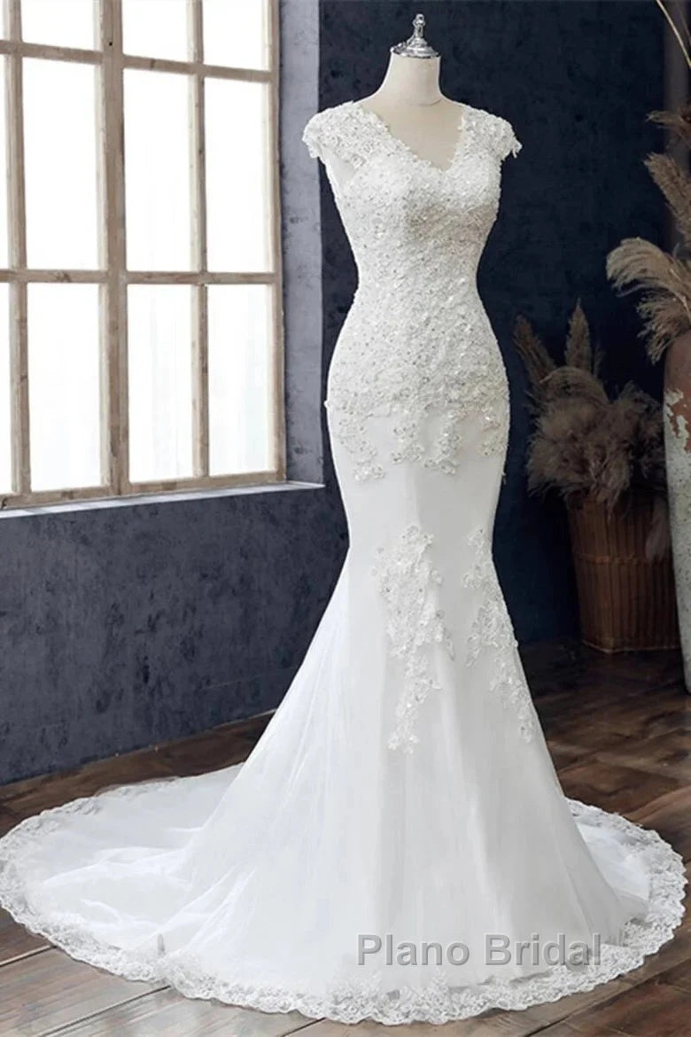 Lace V-Neck Cap Sleeve Trumpet Wedding Dresses
