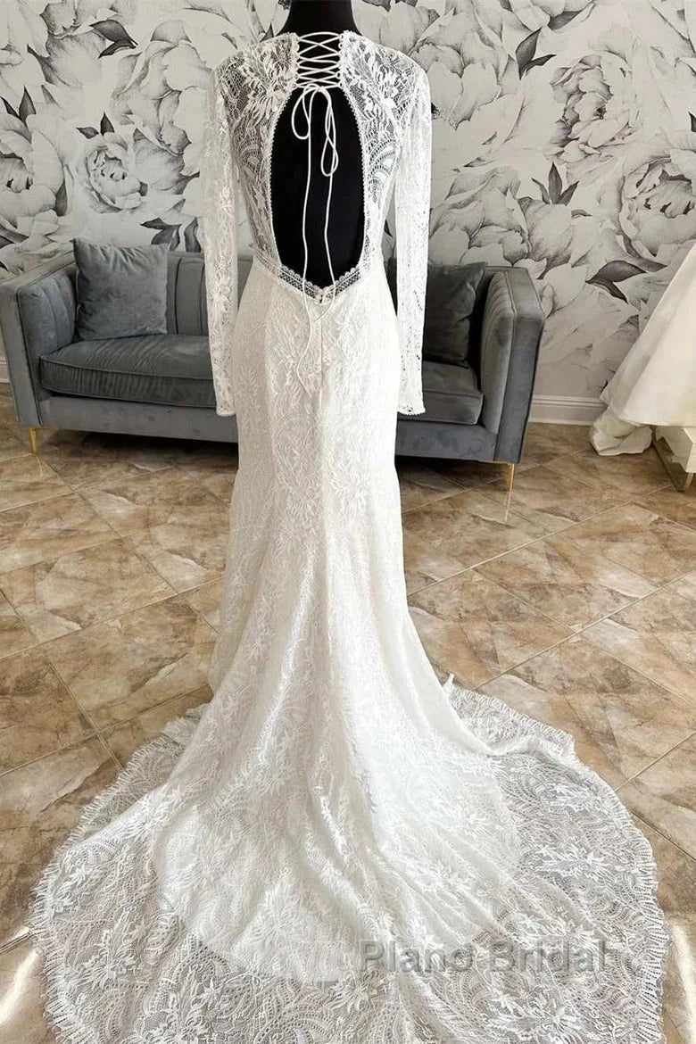 Lace V-Neck Lace-Up Back Long Sleeve Mermaid Wedding Dresses