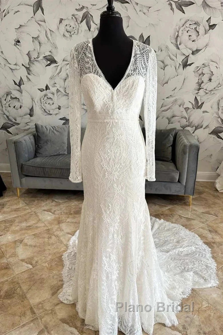 Lace V-Neck Lace-Up Back Long Sleeve Mermaid Wedding Dresses