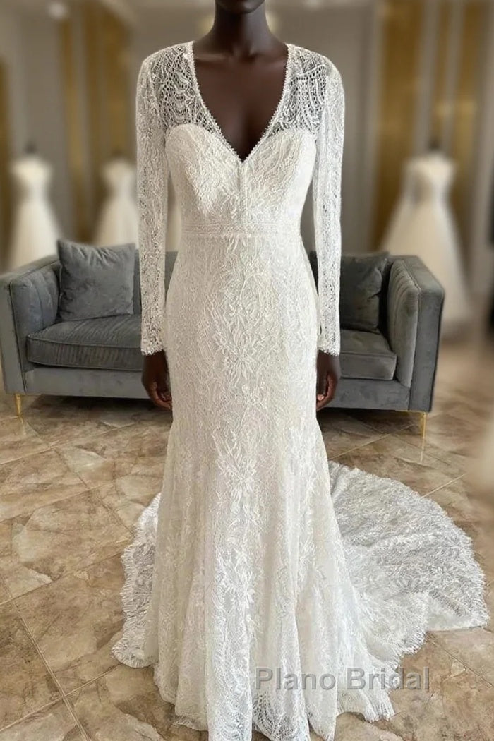 Lace V-Neck Lace-Up Back Long Sleeve Mermaid Wedding Dresses