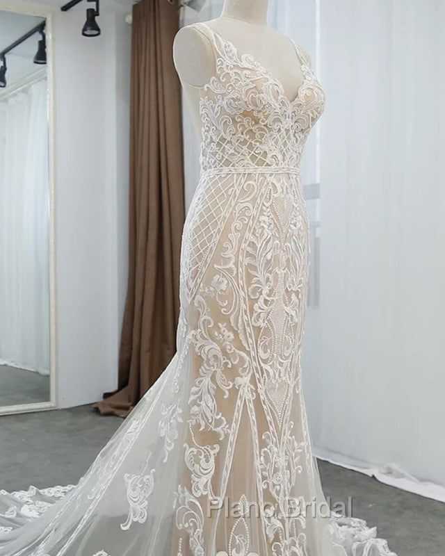 Lace V Neck Mermaid Wedding Dresses