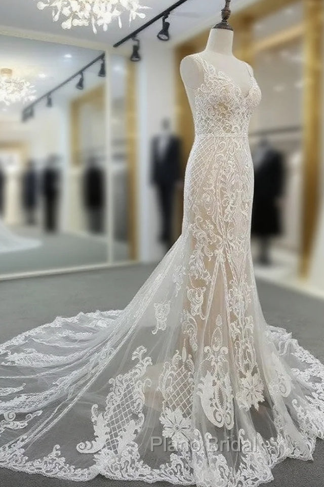 Lace V Neck Mermaid Wedding Dresses