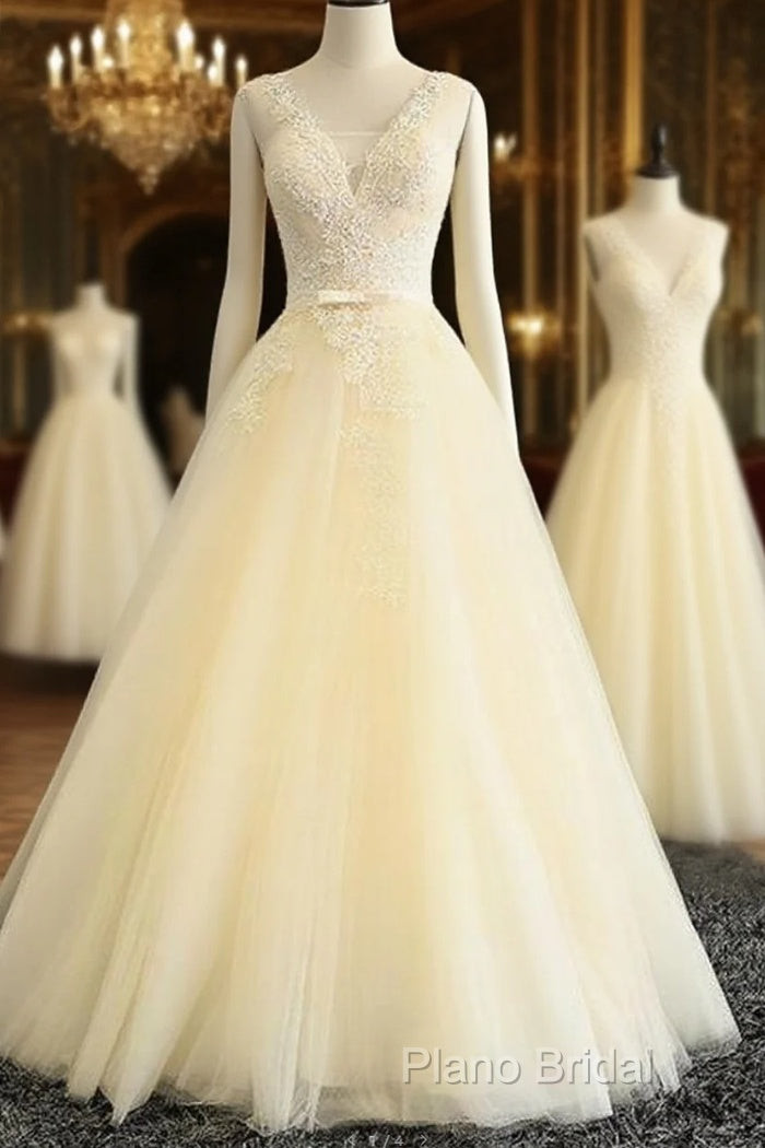 Lace Wedding Dresses, Lovely Light Champagne Tulle Long Lace Formal Prom Dresses Main image