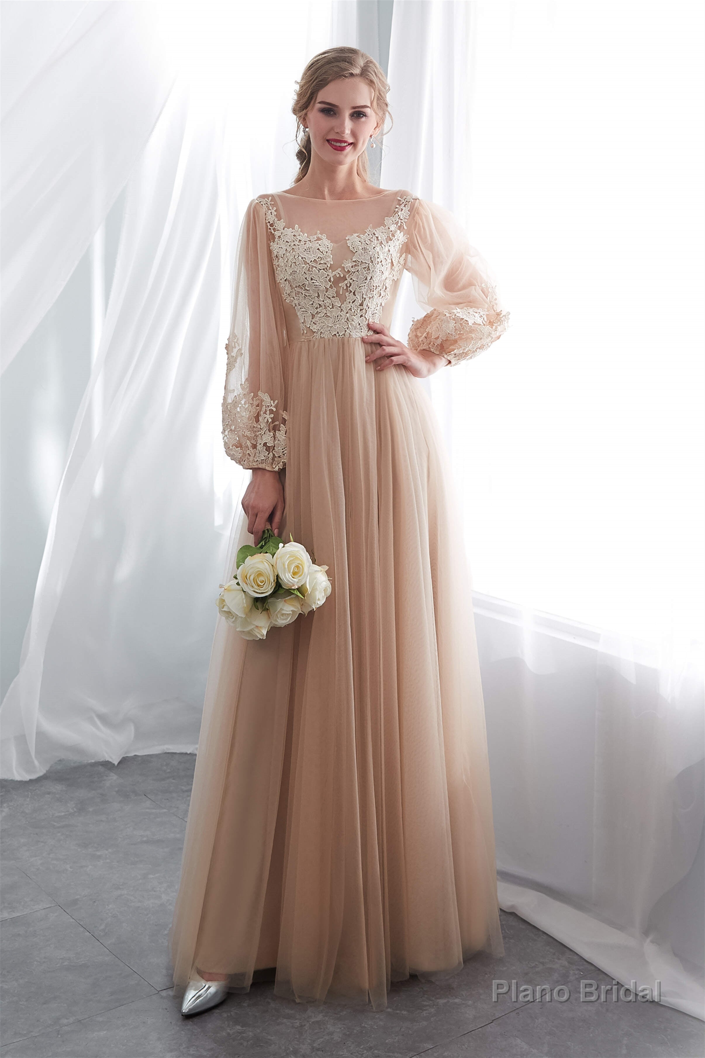 Lantern Sleeve Champagne Appliques Long Prom Dresses Secondary image