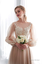 Lantern Sleeve Champagne Appliques Long Prom Dresses