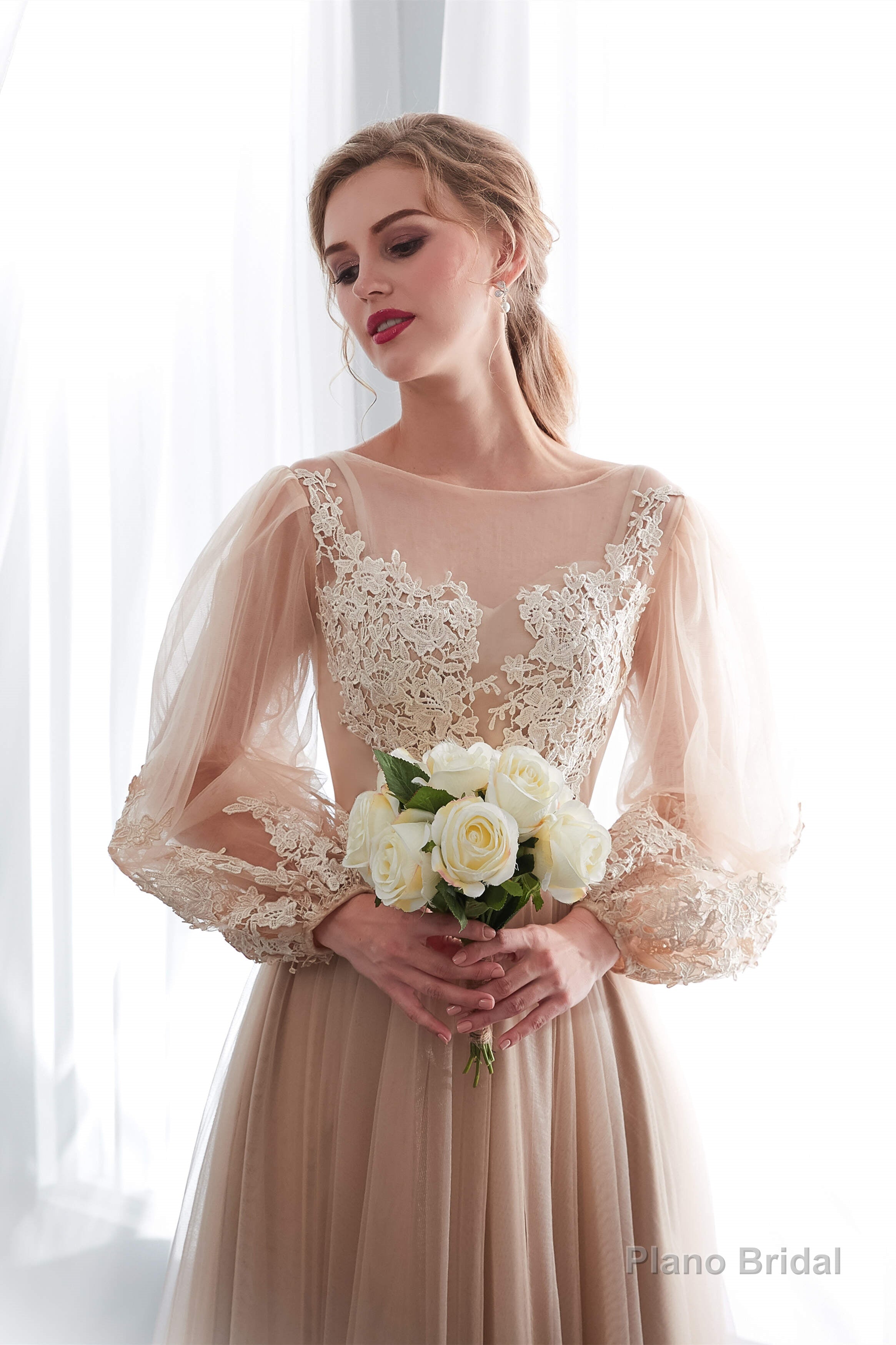 Lantern Sleeve Champagne Appliques Long Prom Dresses