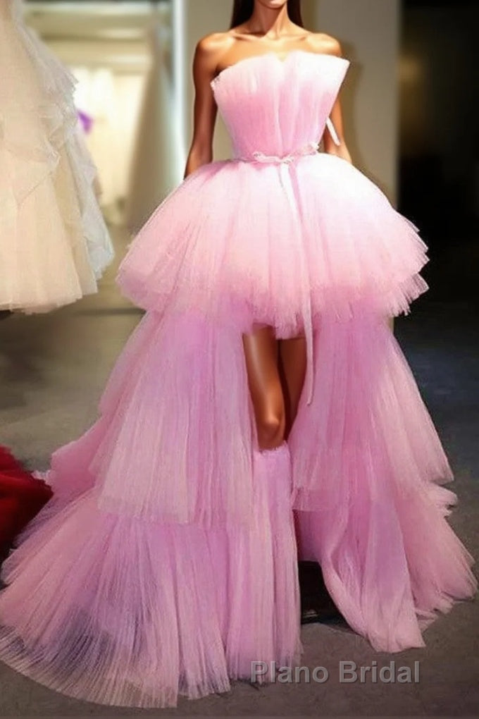 Latest High Low A-line Strapless Tulle Pink Formal Prom Dresses Main image