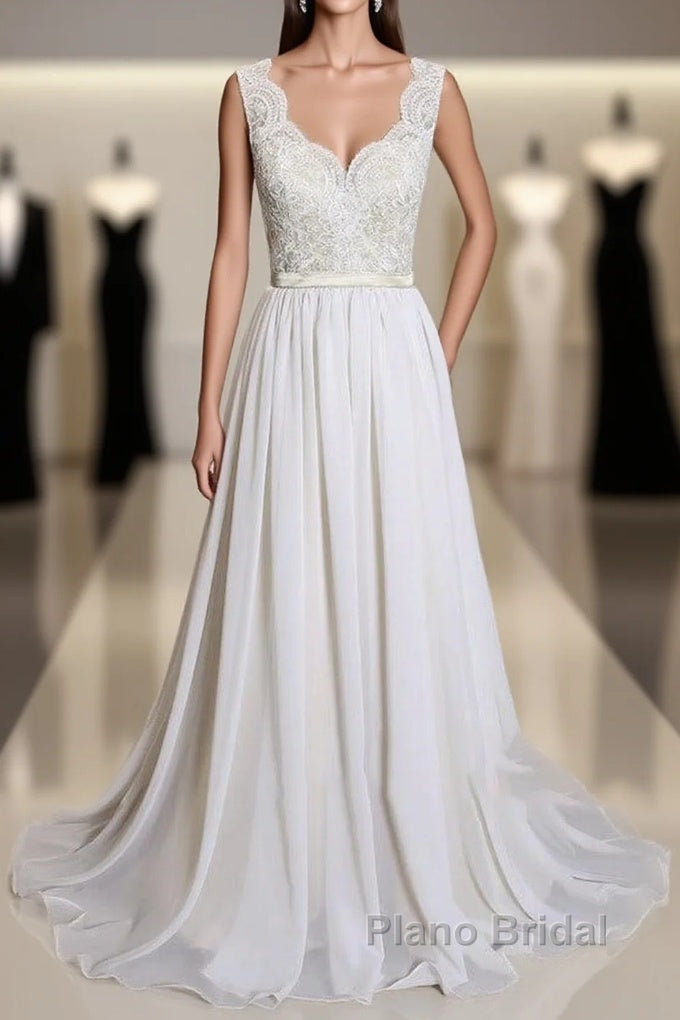 Latest Long A-line V-neck Lace Chiffon Wedding Dress
