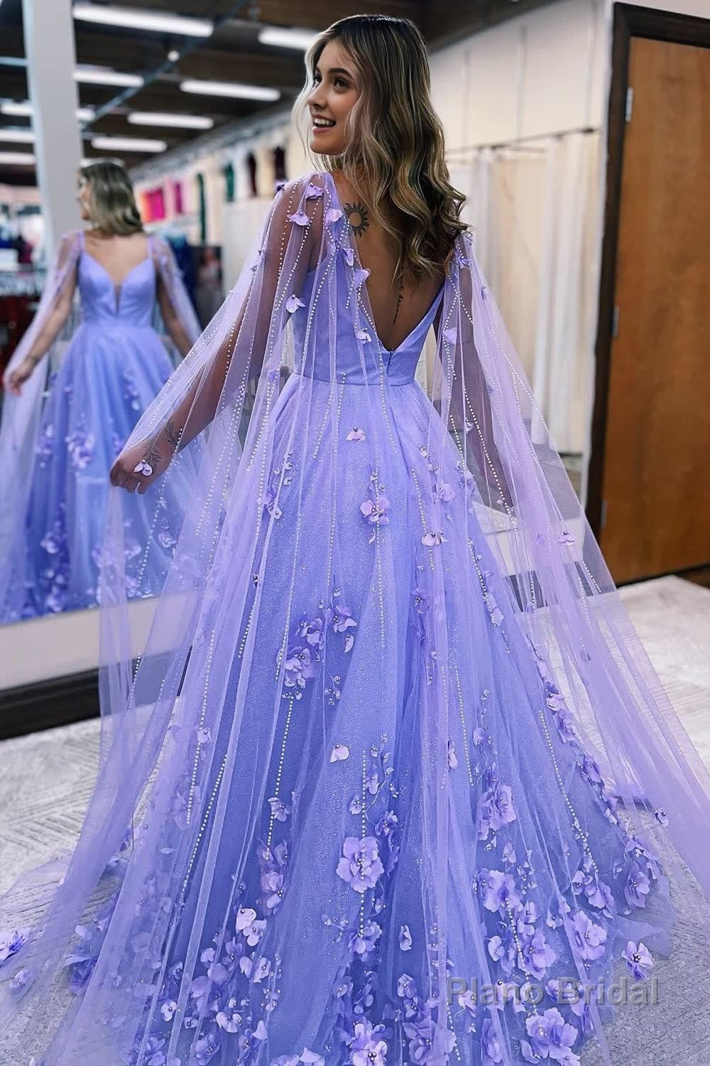 Lavender 3D Floral Lace A-Line Prom Dress with Cape Sleeves Secondary image
