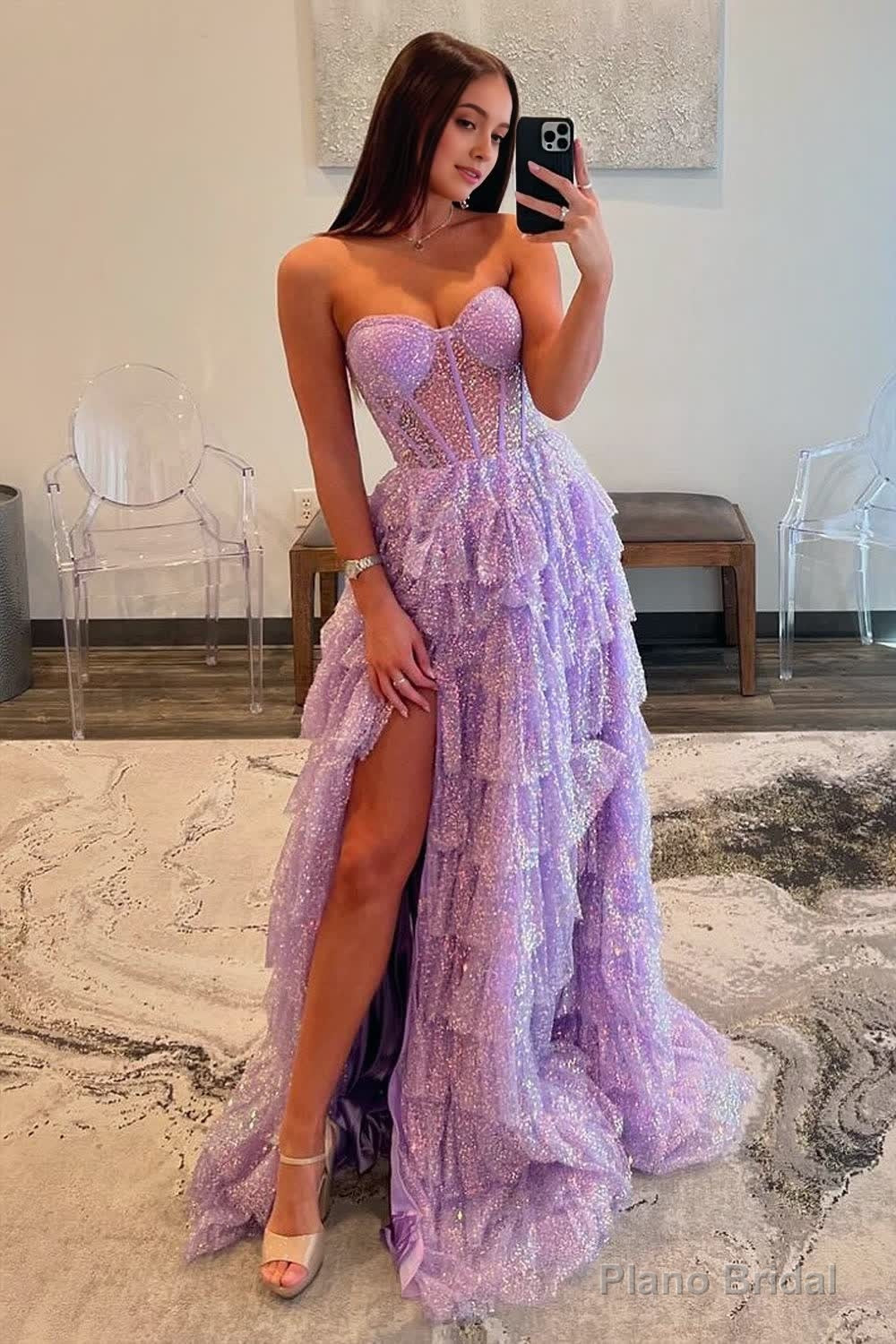 Lavender A-Line Sweetheart Sequins Long Prom Dresses With Split Main image