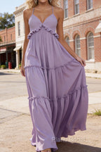Lavender A-line V Neck Sleeveless Floor-Length Chiffon Prom Dress Long Prom Dresses Backless with Pleated Ruffles