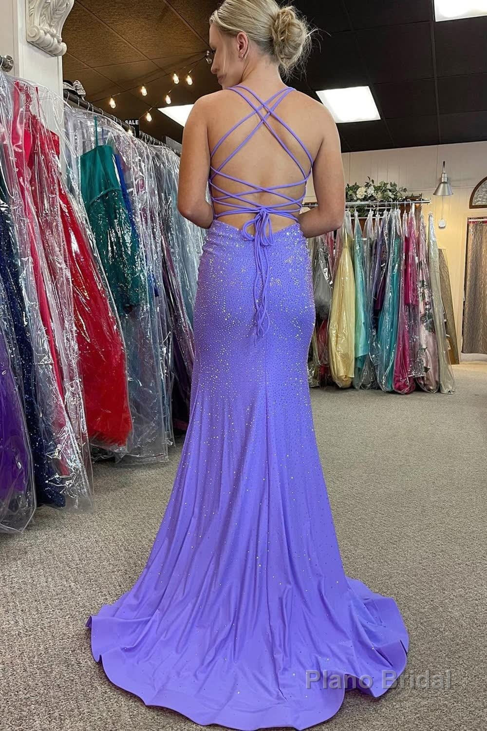 Lavender Halter Sparkly Beaded Prom Dress with Fringes Secondary image