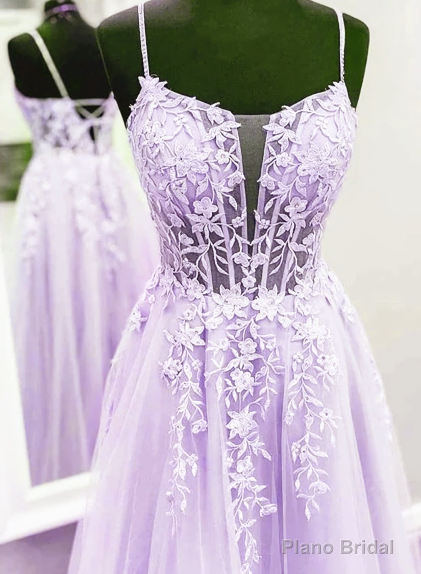 Lavender Lace Applique Tulle A-line Party Dress, Floor Length Evening Gown