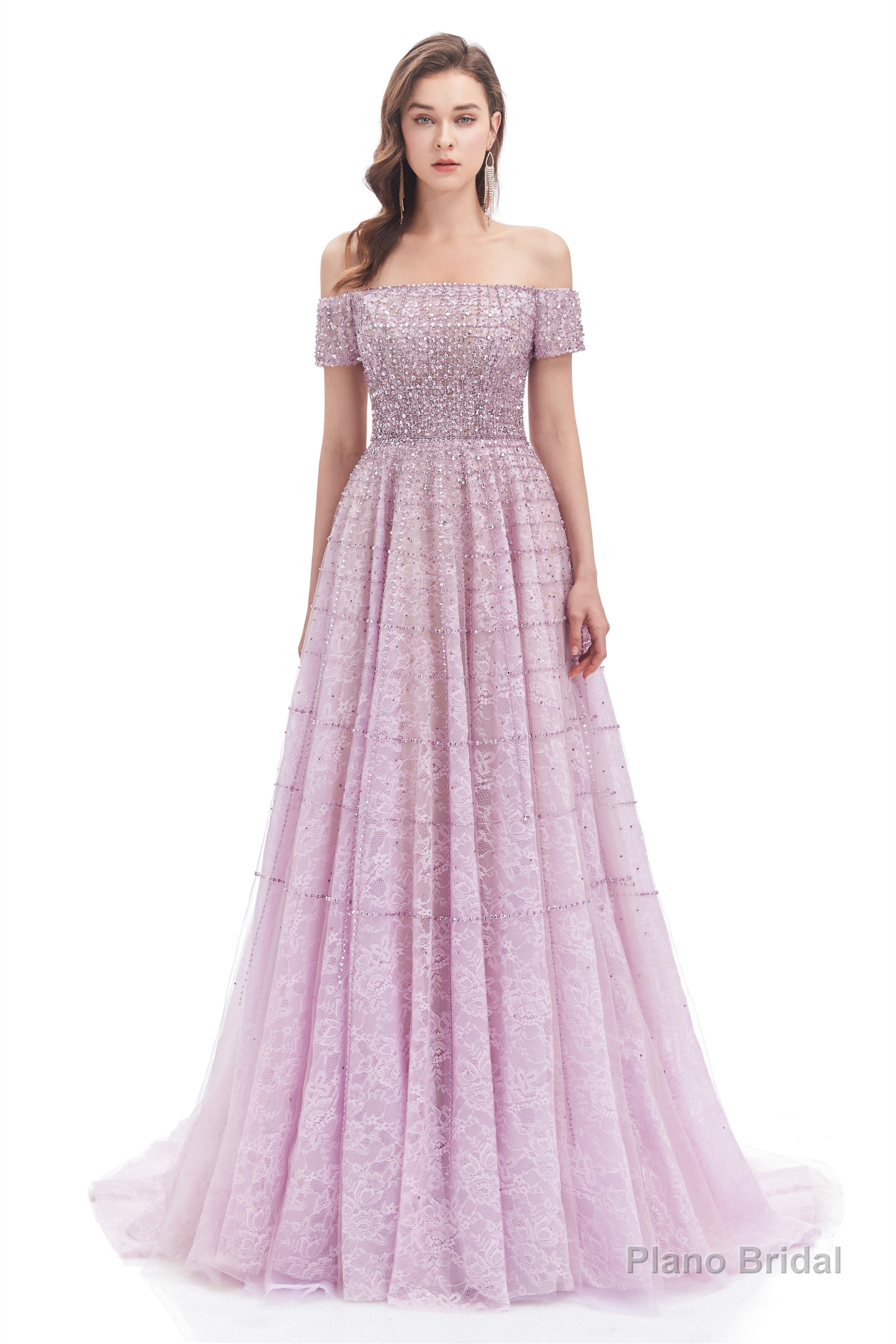 Lavender Lace Off the Shoulder Beaded Sequins Sweep-Train A-Line Prom Dresses