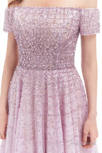 Lavender Lace Off the Shoulder Beaded Sequins Sweep-Train A-Line Prom Dresses
