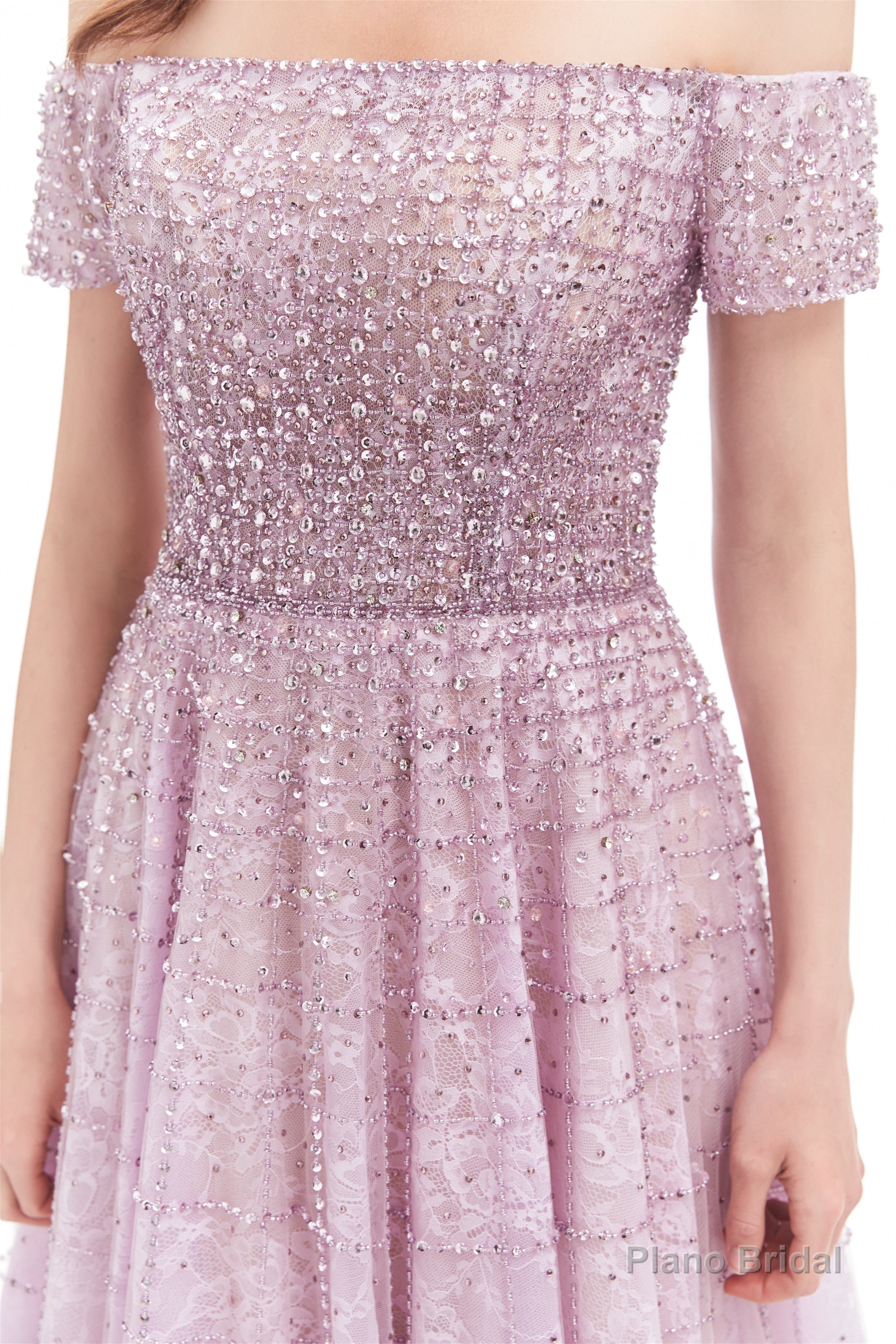 Lavender Lace Off the Shoulder Beaded Sequins Sweep-Train A-Line Prom Dresses