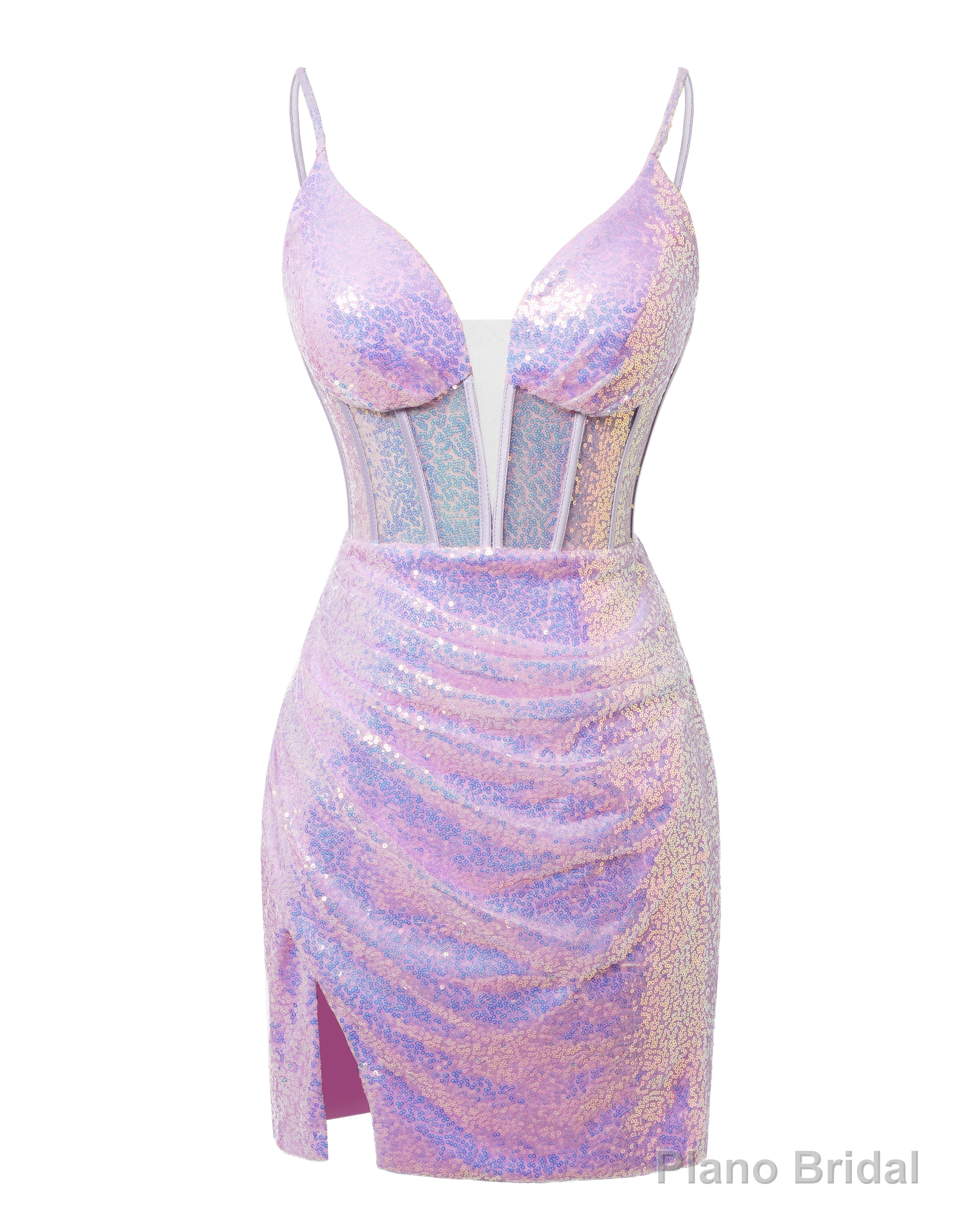 Lavender Lace-Up Plunging V Neck Sequins Sheath Homecoming Dress With Split Front Short Prom Dresses Main image