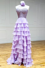 Lavender Long Tiered Prom Dress Ruffle High Neck With 3D Flower
