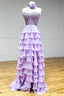 Lavender Long Tiered Prom Dress Ruffle High Neck With 3D Flower