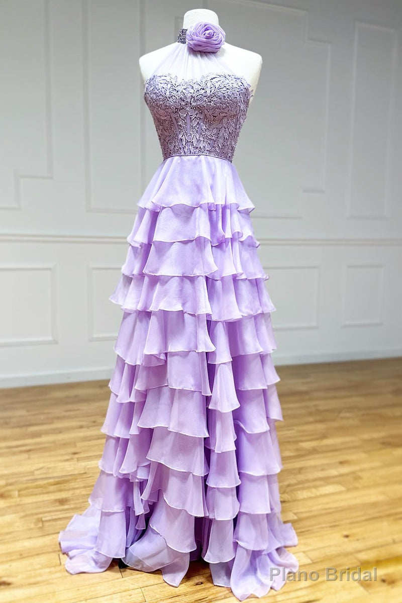 Lavender Long Tiered Prom Dress Ruffle High Neck With 3D Flower Main image