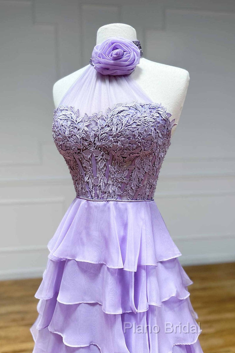 Lavender Long Tiered Violet Formal Prom Dresses Ruffle High Neck With 3D Flower Secondary image