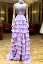 Lavender Long Tiered Violet Formal Prom Dresses Ruffle High Neck With 3D Flower