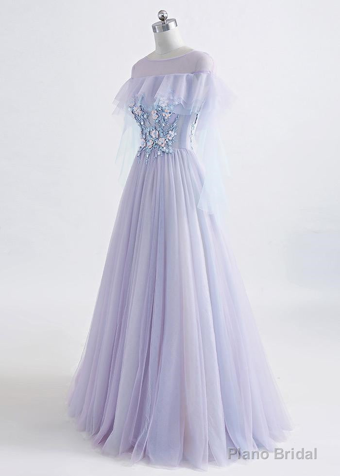 Lavender Off Shoulder Flower Lace Long Party Dress, A-line Purple Prom Dress Formal Dress