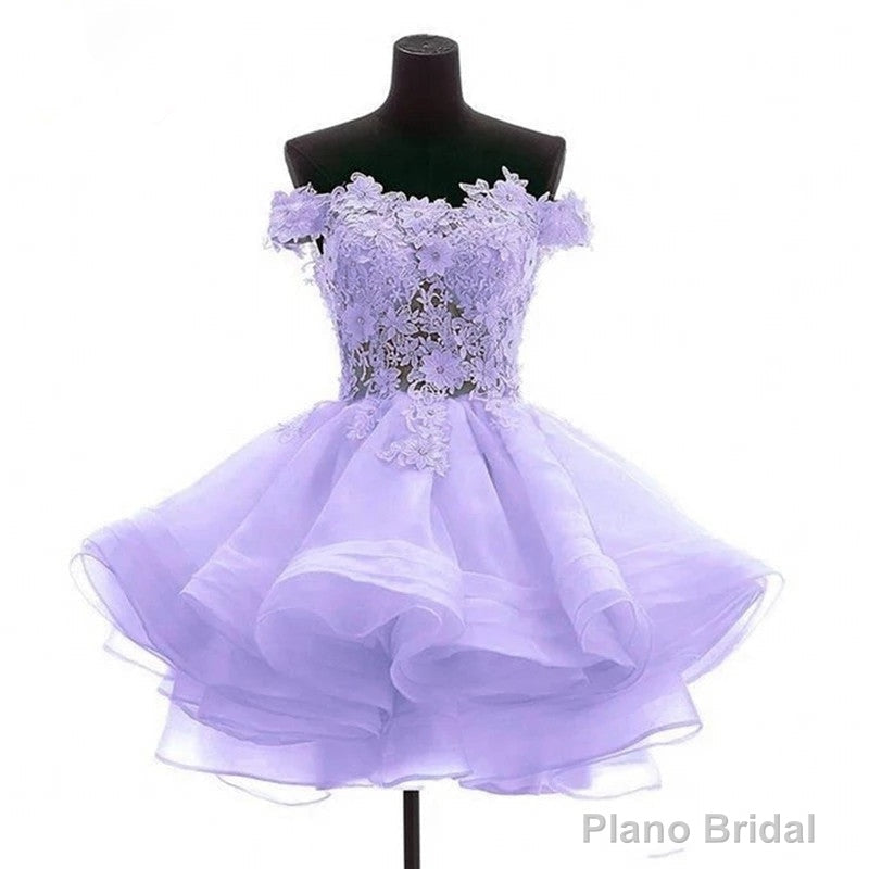 Lavender Off Shoulder Lace Sweetheart Homecoming Dresses, Light Purple Party Dress Main image