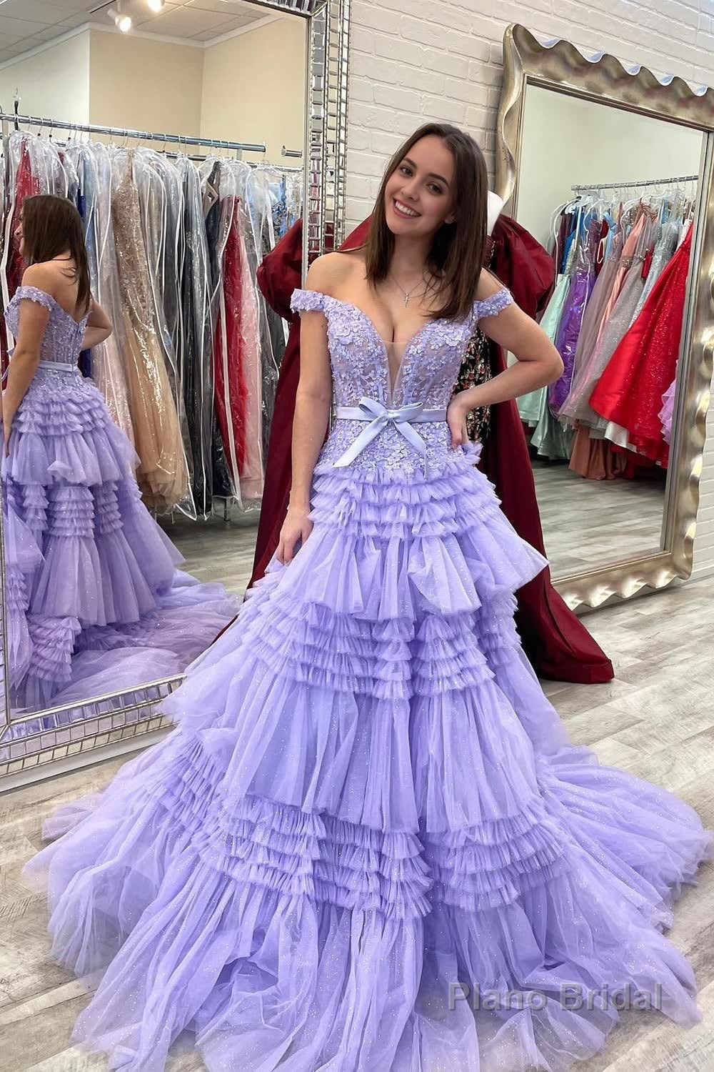 Lavender Off Shoulder Tiered Prom Dress with Lace Main image