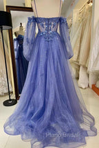 Lavender Off-The-Shoulder Sequins Applique Boning Long Formal Prom Dresses