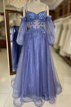Lavender Off-The-Shoulder Sequins Applique Boning Long Formal Prom Dresses