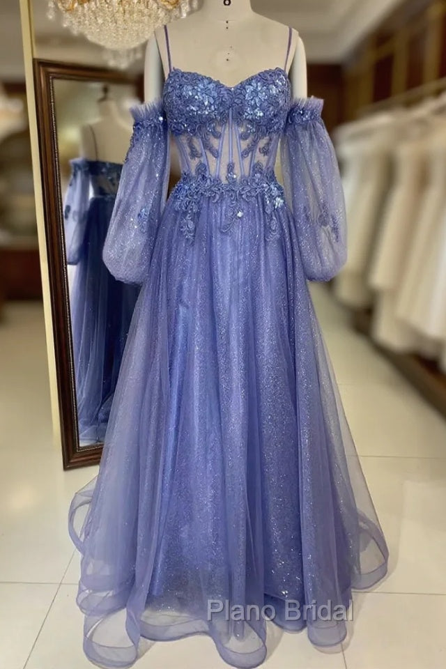Lavender Off-The-Shoulder Sequins Applique Boning Long Formal Prom Dresses Main image