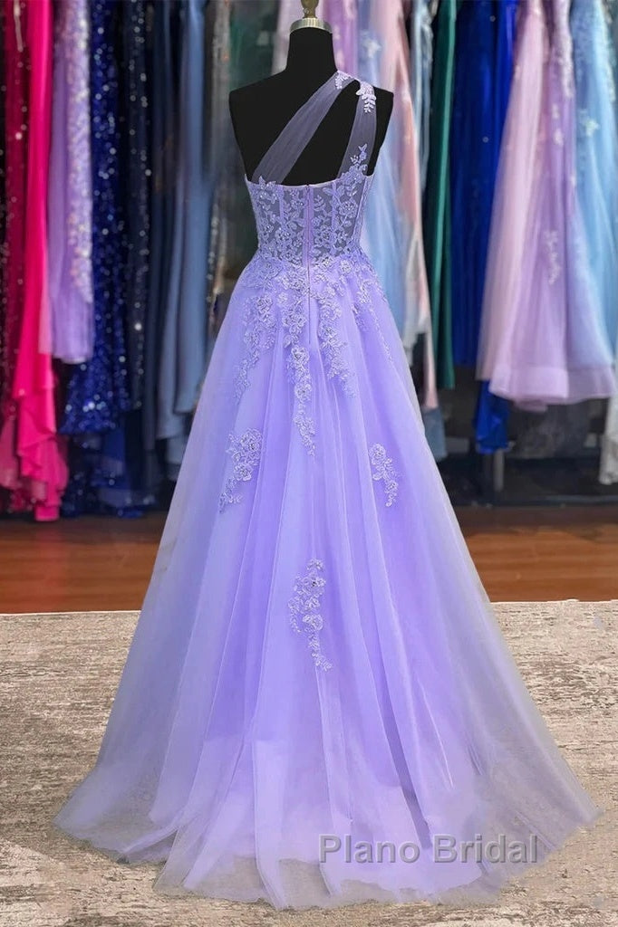 Lavender One Shoulder Appliques Lace Formal Prom Dresses