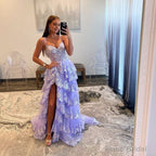 Lavender Princess A Line Off the Shoulder Corset Prom Dress with Lace Ruffles