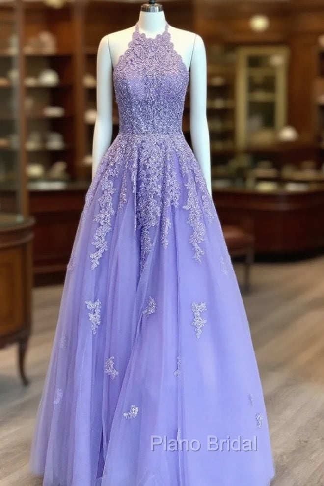 Lavender Formal Prom Dresses, Princess Halter Long/Floor-Length Lace Tulle Formal Prom Dresses With Appliqued Beading