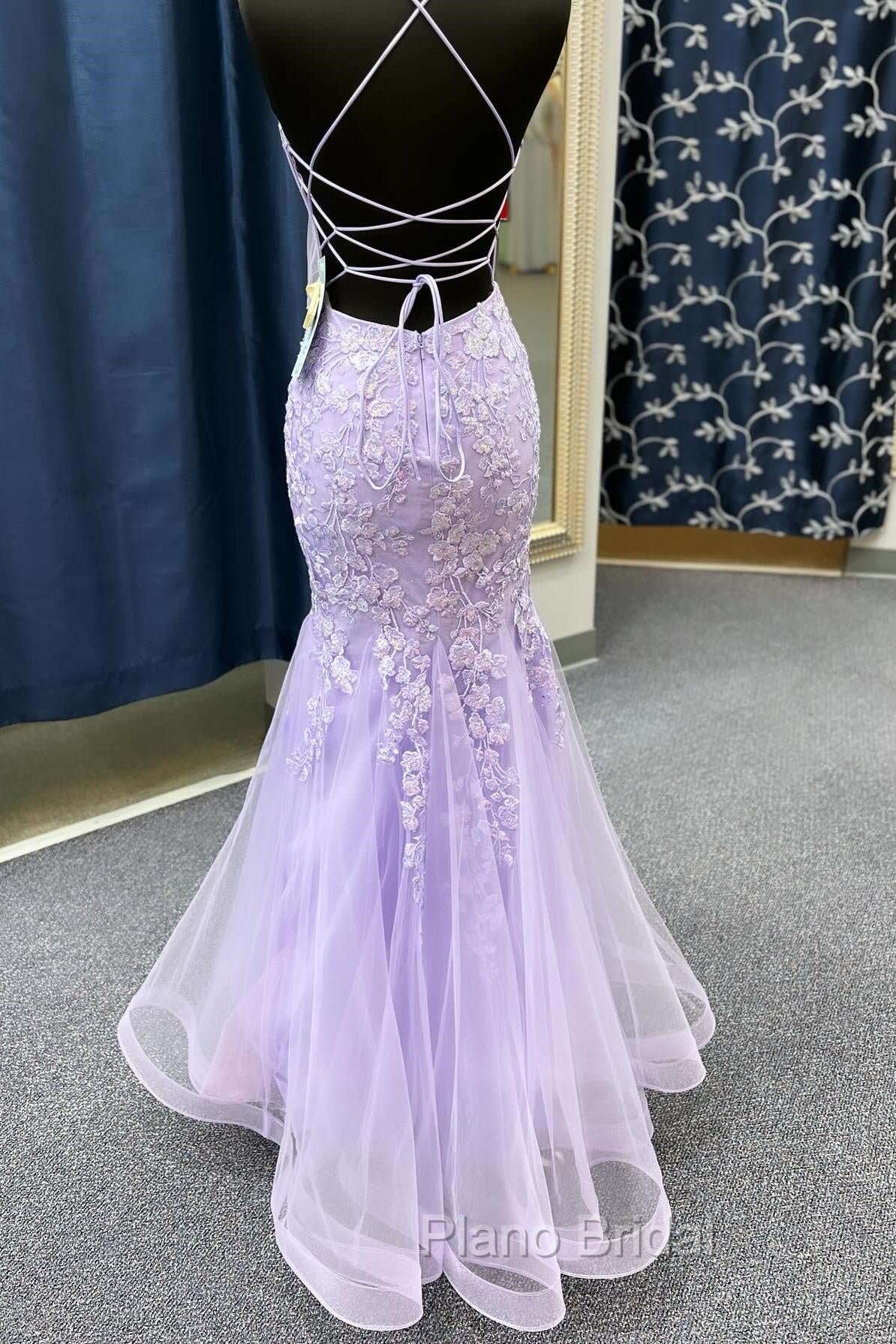 Lavender Spaghetti Straps Mermaid Formal Prom Dresses With Appliques Secondary image