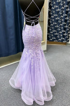 Lavender Spaghetti Straps Mermaid Formal Prom Dresses With Appliques