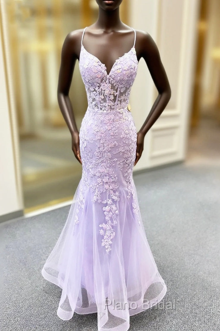 Lavender Spaghetti Straps Mermaid Formal Prom Dresses With Appliques