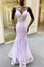 Lavender Spaghetti Straps Mermaid Formal Prom Dresses With Appliques